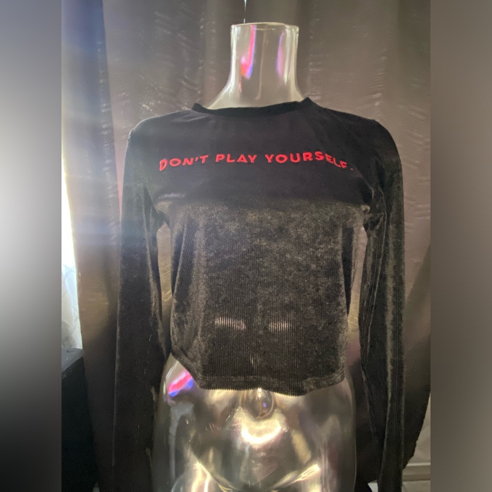 Black Velvet Long Sleeve Top with Red Text